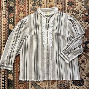 Striped Ruffled Front Button-Up Blouse - Neutral Stripes